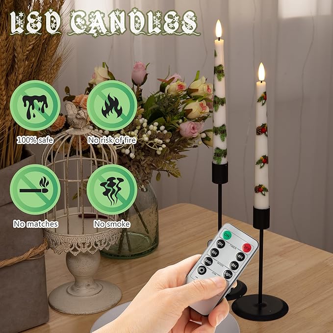 Christmas Flameless Taper Candles with Pine Leaves, Pine Cones, Bells, 9.6" Real Wax LED Candles with Remote, 3 Pcs Flickering Battery Operated Candlesticks, Xmas Candle for Home, Party Decor