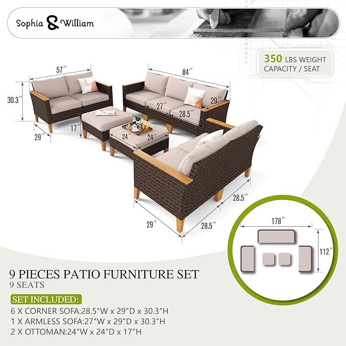 Sophia & William Wicker Patio Furniture Set, Outdoor Rattan Sectional Sofa 9 Piece Patio Conversation Set with 6 x Corner Sofa, 1 x Armless Chairs, 2 x Ottoman for Deck, Backyard, Porch(Beige)