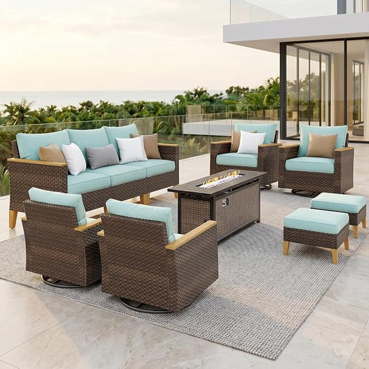 PHI VILLA Wicker Patio Furniture Set with Swivel Chairs, 10 Pieces Outdoor Conversations Set with 56" Fire Pit Table, Oversized Rattan Patio Sectional Sofa with Ottoman, Aqua Blue Cushion