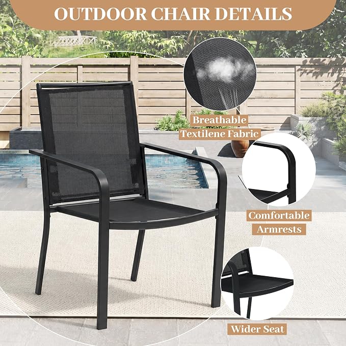 Anmutig 5-Piece Outdoor Patio Dining Set 37-Inch Square Glass Table with 4 Stackable Chairs for Lawn Backyard and Deck, Black