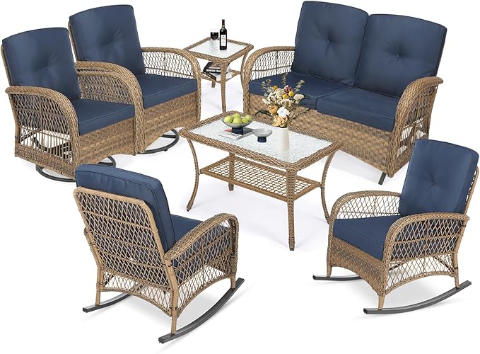 MEETWARM 7 Pieces Outdoor Patio Rattan Furniture Sets, All Weather Patio Wicker Conversation Set- 2 Rocking Chairs, 2 Swivel Chairs, 1 Loveseat Glider w/Cushions, 2 Glass-Top Coffee Table, Navy Blue