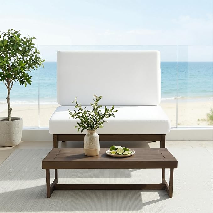 UIXE Wood Patio Furniture Sets, 2 Pieces All Weather Patio Loveseat Outdoor Sofa with Solid Wooden Coffee Table - Beige