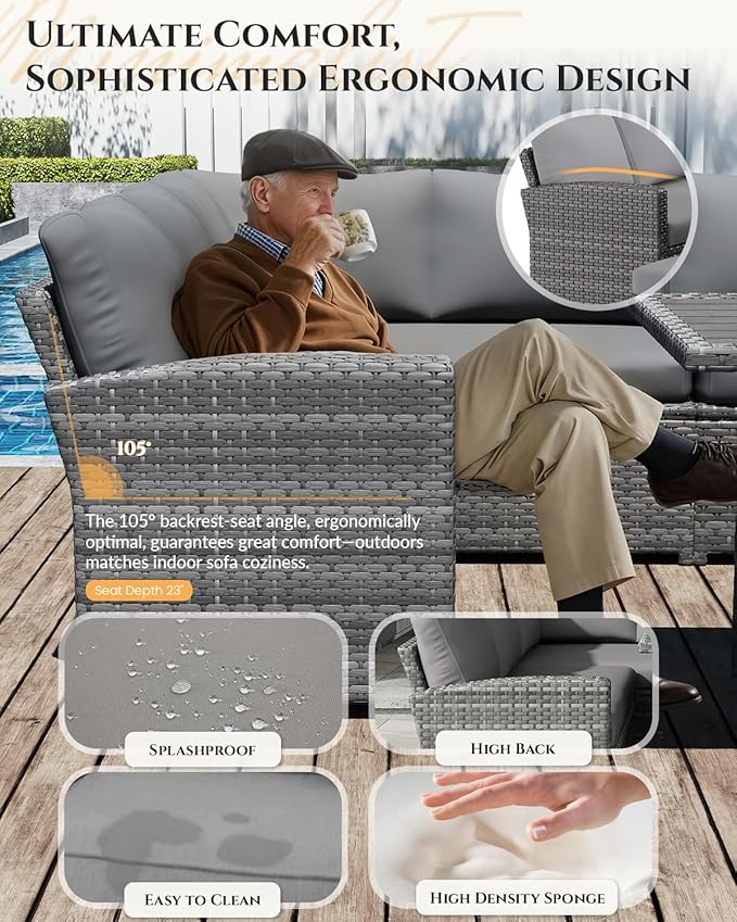 U-MAX 7 Pieces Patio Furniture Set with 43" Fire Pit Table, Outdoor Sectional Sofa Conversation Set, All Weather Wicker Rattan Dining Table & Chair with Ottoman, Grey Rattan&Grey Cushion
