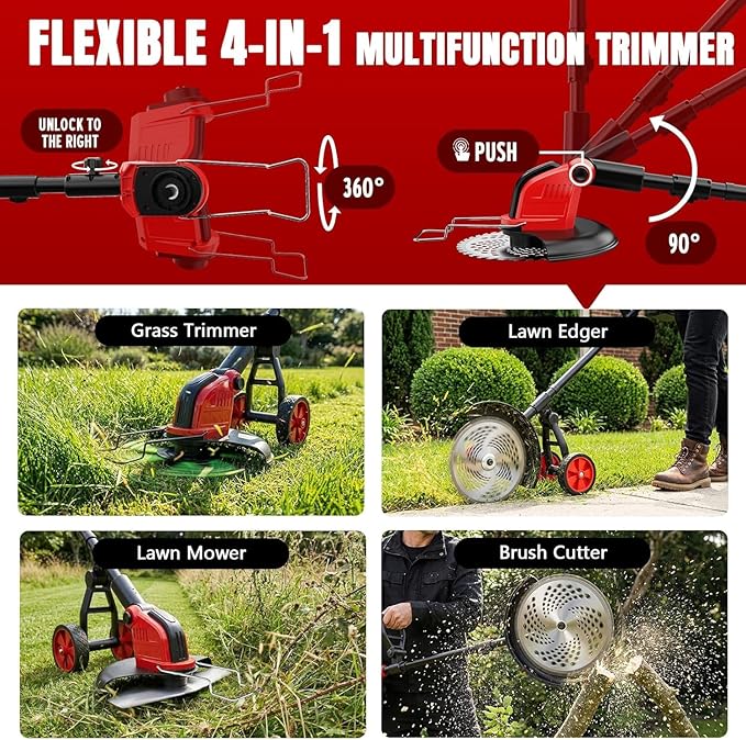 6000mAh Electric Weed Eater Battery Powered,12″ Brushless Electric Weed Wacker Cordless Wheeled String Trimmer,4 in 1 Grass Trimmer/Brush Cutter/Grass Edger/Weed Trimmer 5 Blade, 2 Battery (Red)