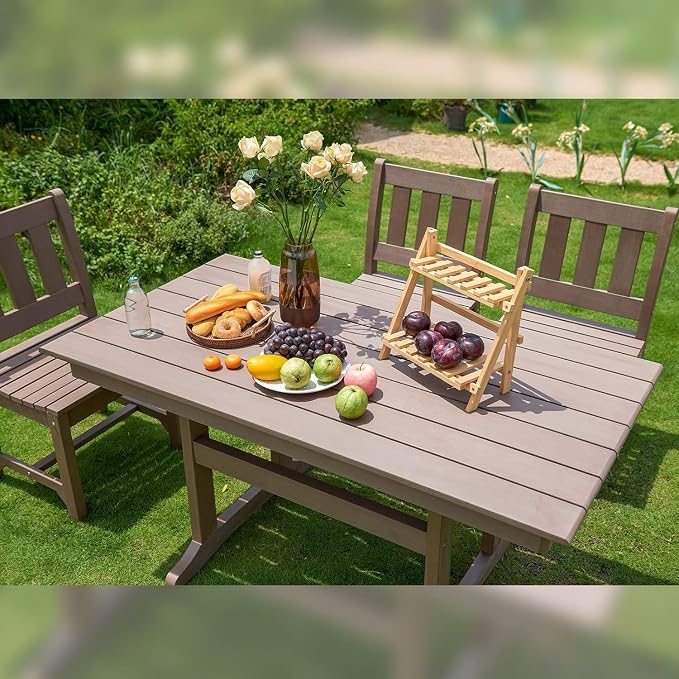 Psilvam 7-Piece Patio Dining Set, Poly Lumber Outdoor Table and Chairs, 6-Person Weather Resistant Farmhouse Dining Set with 59" Rectangular Table & 6 Chairs, Patio Furniture for Garden Backyard,Brown