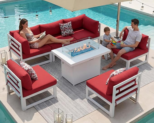 RADIATA 7 Pcs Modern Aluminum Outdoor Patio Furniture Set with Fire Pit Table Propane/Gas, Extra Large All-Weather Modular Sectional Couch, 29 inch Wide Deep Seating Conversation Sofa for Outside, Red