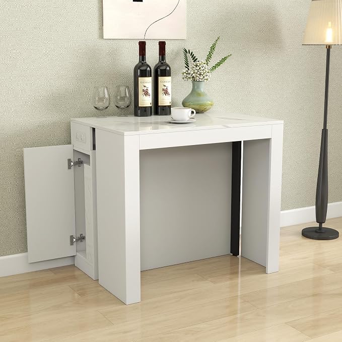 23.62”-118.11” Extendable Dining Room Table, 1-10 People Wood Long Foldable Tables with Storage Cabinet & Outlet, Space Saving Expanding Table with for Kitchen, Living Room, Party, White