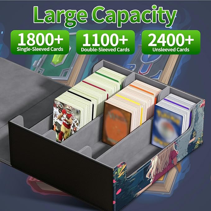 Large Card Deck Box for MTG, Fits 1200+ Sleeved Cards, PU Leather Storage Case with Strong Magnetic Closure, Multiple Colors Available for TCG CCG Baseball Card Collections, Big Cat Girl