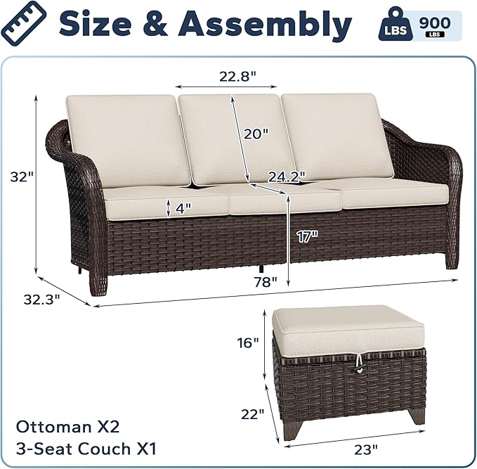3 Pieces Patio sectional Sofa Set, Outdoor Conversation Furniture Set, 78" 3-Seat Couch with 2 Ottomans, 47" Metal Coffee Table, Rattan Wicker Sofa with Washable Cushions (Beige)