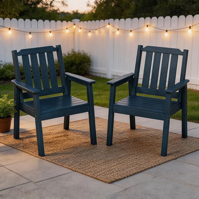 Takywep 23.9” Wide HDPE Patio Dining Chairs Set of 2, 650LBS Capacity All-Weather Yard Armchair with Slatted Seat, Heavy Duty Modern Backyard Furniture for Garden, Poolside, Deck, Blue
