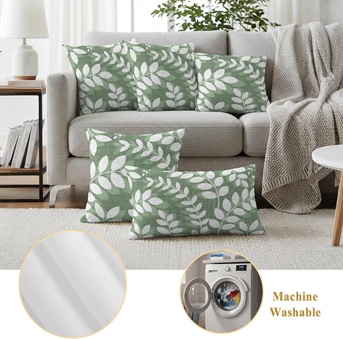 Green Leaves Outdoor Waterproof Throw Pillow Covers 26x26 Set of 2, Farmhouse Botanical Branch Vintage Boho Leaf Decorative Pillowcases Cushion Pillowcase for Couch Sofa Patio Outside Pillow Protector