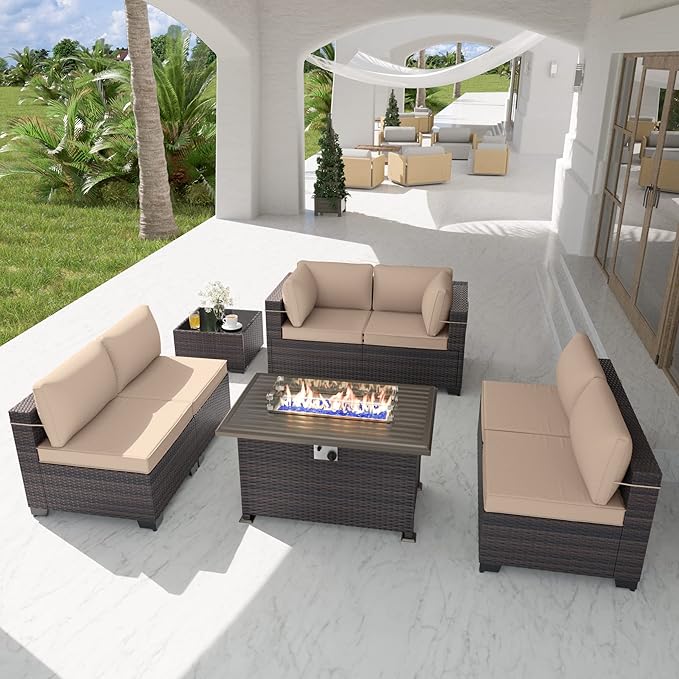 Patio Furniture Set with Fire Pit Table 8-Piece Outdoor Sectional Furniture Outdoor Rattan Patio Conversation Sets with 55,000 BTU Propane Gas Fire Pit Table and Glass Table, Sand