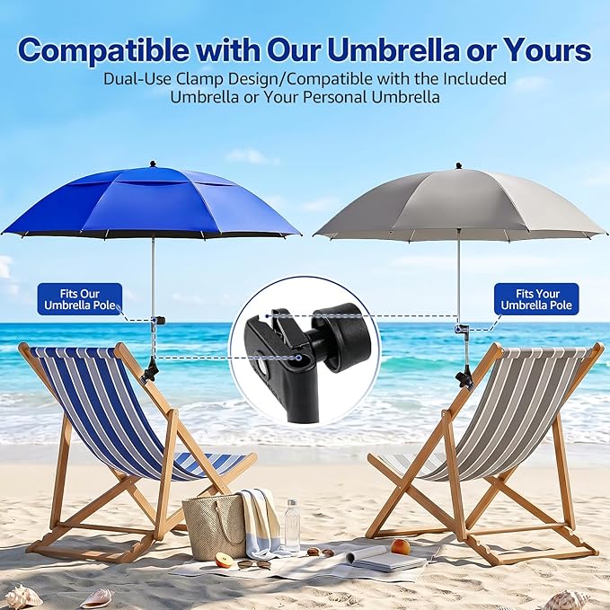 2 Pack 42 Inch Double Canopy Beach Chair Umbrella with Clamp, UPF50+ Clip on Beach Umbrella with 360° Swiwel Arm & Adjustable Clip, Portable Sun Shade for Wheelchair, Stroller, Camping