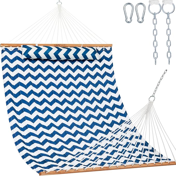 Lazy Daze Hammocks 12FT Quilted Fabric Double Hammock with Spreader Bars and Detachable Pillow, 2 Person Hammock for Outdoor Patio Backyard Poolside, 450 LBS Weight Capacity, Blue Chevron Stripe