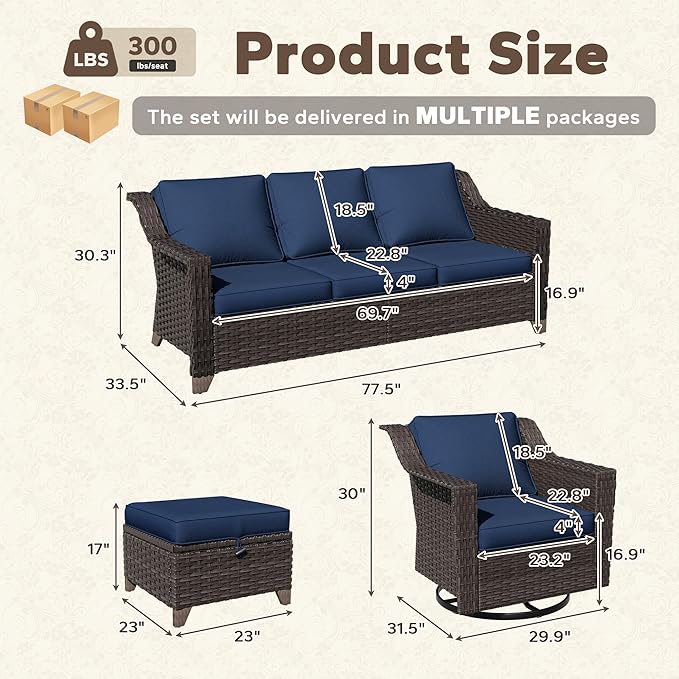 6 Pieces Patio Conversation Furniture Set - 2 Sofas, 2 Swivel Chairs, 2 Ottomansm, Outdoor Wicker Furniture with Removable Cushions for Porch, Balcony, Sunroom (Blue)