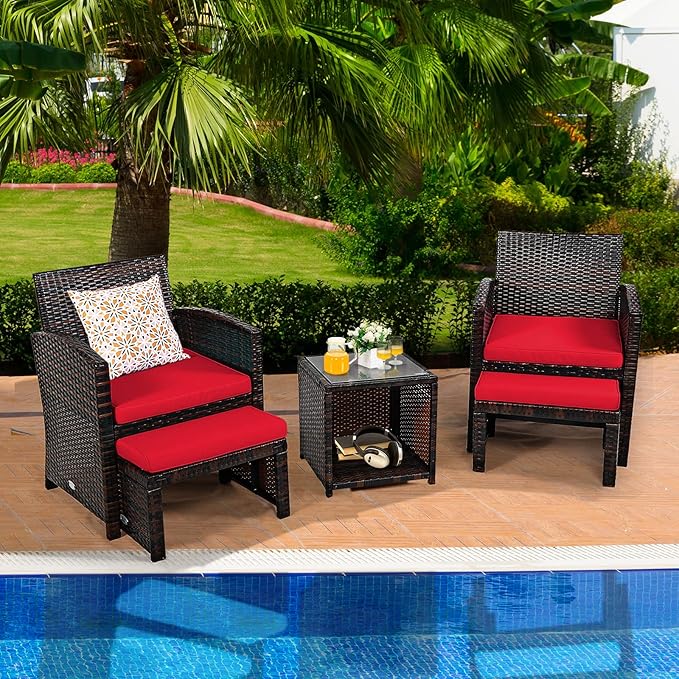 COSTWAY 5PCS Patio Rattan Wicker Furniture Set, Coversation Set with Side Table, Outdoor Cushioned Chairs with Ottomans for Backyard Deck, Red
