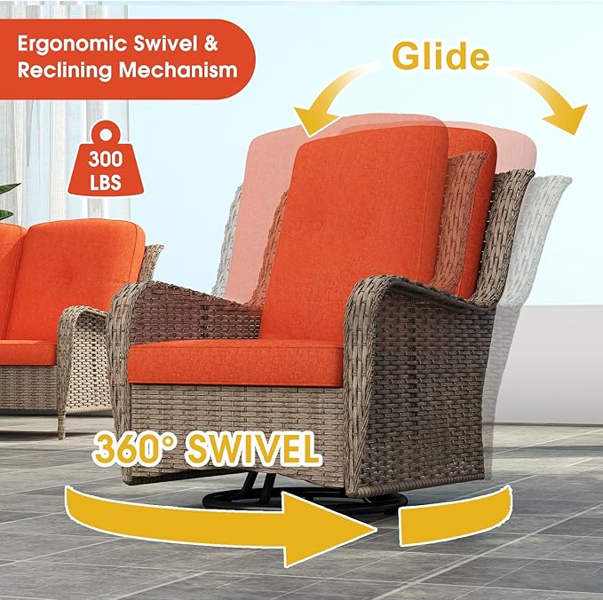 kinbor Outdoor Sectional Furniture - Outdoor Patio Conversation Sets, 7 Pieces Outdoor Sectional Sofas with Swivel Rocking Chair, Brown Wicker Rattan Patio Furniture Set, Orange