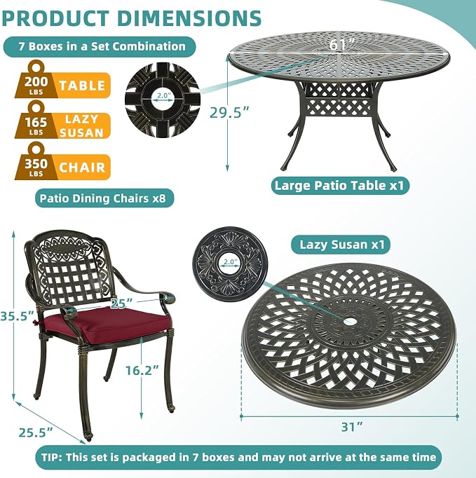 MEETWARM 9-Piece Outdoor Furniture Dining Set, All Weather Cast Aluminum Patio Garden Set with 8 Cushioned Chairs, 61" Round Patio Dining Table with Detachable Lazy Susan, 2" Umbrella Hole, Chili Red