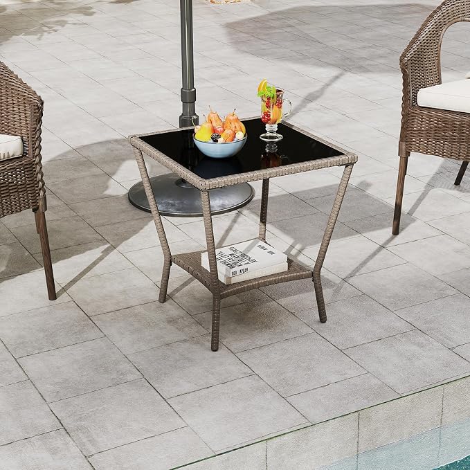 Outdoor Small Patio Table - PE Rattan Coffee Table, Wicker Side Table for Patio, Balcony & Porch, Durable & Iron Frame (2, Sesame Brown)