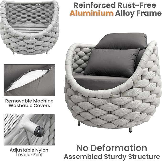 Balcony Furniture Set for Apartments: 4 Pieces Aluminum Woven Rope Patio Conversation Set - Modern Cushioned Lounge Chair Set - Assembled Porch Armchair for 400lbs Garden Lanai Poolsides Hotel