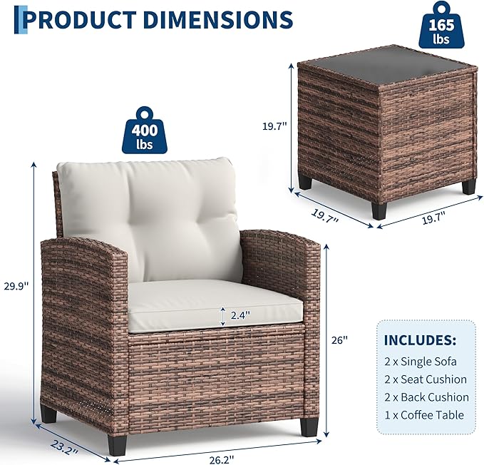 GarveeLife 3 Piece Wicker Patio Furniture Set, Outdoor Rattan Chairs with Side Table, All-Weather Conversation Set for Balcony, Porch or Backyard, Brown Gradient Wicker with Cushions