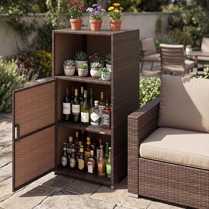 Tangkula Rattan Outdoor Storage Cabinet, Patiojoy PE Wicker Outdoor Cabinet with 3 Storage Shelves, Open Compartment and Door, Patio Storage Deck Box for Porch, Poolside, Backyard