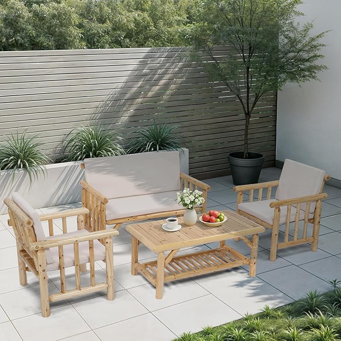 VINGLI Outdoor Patio Furniture Sets 4-Piece, Fir Wood Patio Couch Sets w/Coffee Table, Outdoor Conversation Sectional Set with Removable Cushion for Garden, Lawn, Balcony (Nature Color)
