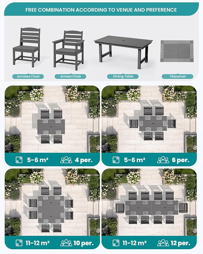 SERWALL HDPE Outdoor Dining Set for 10 with 2 Tables & 10 Chairs, Gray | Includes 2 Rectangular Tables(67") and 10 Chairs. All-Weather Resistant Dining Furniture