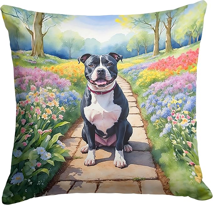 Caroline's Treasures Staffordshire Bull Terrier Spring Path Throw Pillow Machine Washable, Indoor Outdoor Decorative Pillow for Couch, Bed or Patio, 18Hx18W