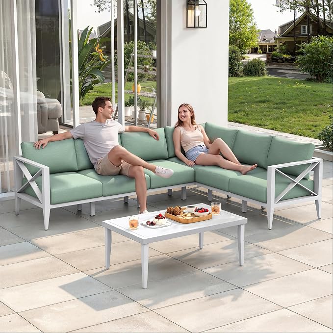 Outdoor Sectional Sofa Set 6 Seat Patio Conversation Set with Cushions, Aluminum Patio Furniture for Backyard Deck Garden Seating