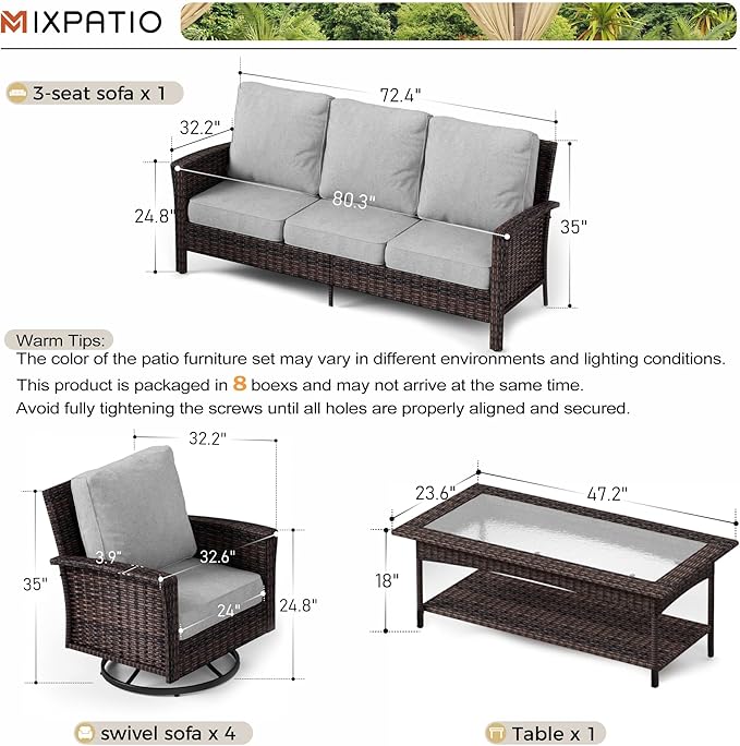 6-Piece Wicker Patio Furniture Set with Swivel Chairs, High Back Outdoor Sofa with 5.5-inch Thick Cushion, All-Weather Wicker Patio Conversation Set for Deck Yard Pool, Grey