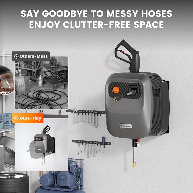 Giraffe Tools Pressure Washer Pivoting Coupler, 7 Angles Gutter Cleaner Attachment and Grandfalls Pressure Washer G20 Pro, 2500 PSI 2.2 GPM, 180° Wall Mount, Auto-Retract with 65FT Hose