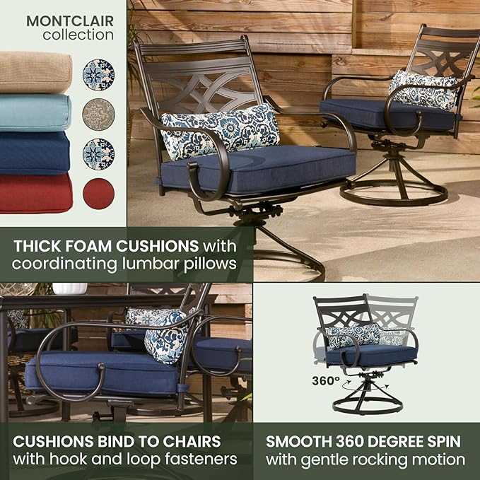 Hanover Montclair 11-Piece Patio Dining Set with 10 Swivel Rocker Chairs, Accent Lumbar Pillows and 84"x60" Steel Stamped Rectangular Table, Large Outdoor Patio Dining Set for 10, Navy Blue