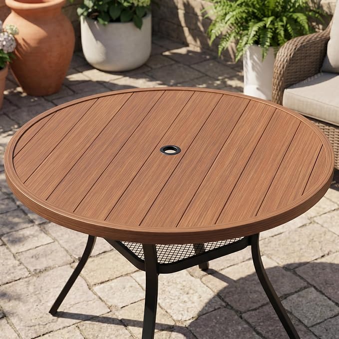 VICLLAX Metal Outdoor Dining Table for 4, All Weather 40.7" Black Round Patio Table with Adjustable Umbrella Hole for Lawn, Garden, Balcony and Poolsides, Walnut Wood Grain Tabletop
