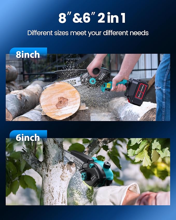 Mini Chainsaw with 1500W Brushless Motor, 2x 4000mAh Batteries 8 inch & 6 inch Handheld Small Chain Saw for Wood Cutting, Gardening Gifts for Father Dad Men