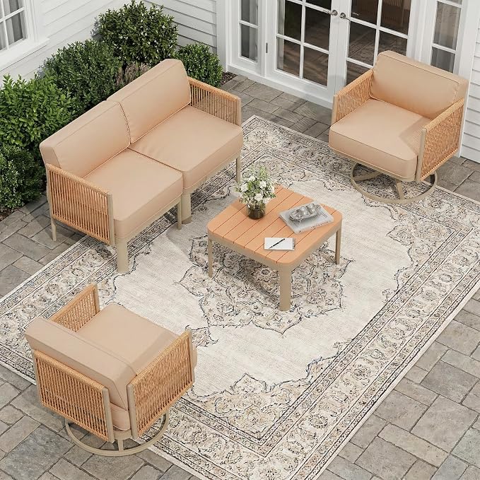 EROMMY 4 Piece Patio Furniture Set, Metal Frame Outdoor Swivel Glider Rocking Chairs with 6" Thick Cushions, Loveseat & Coffee Table, Patio Conversation Sets for Backyard, Poolside & Balcony, Beige
