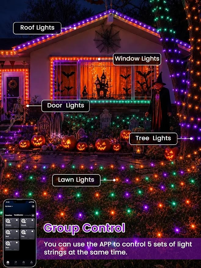 600 LED Smart Color Changing Fall String Lights APP & Remote for Halloween | 197 FT Halloween Twinkle Lights IP44 Waterproof, Timer, Music Sync, Multiple Colors & Modes Outdoor Christmas Fall Decoration