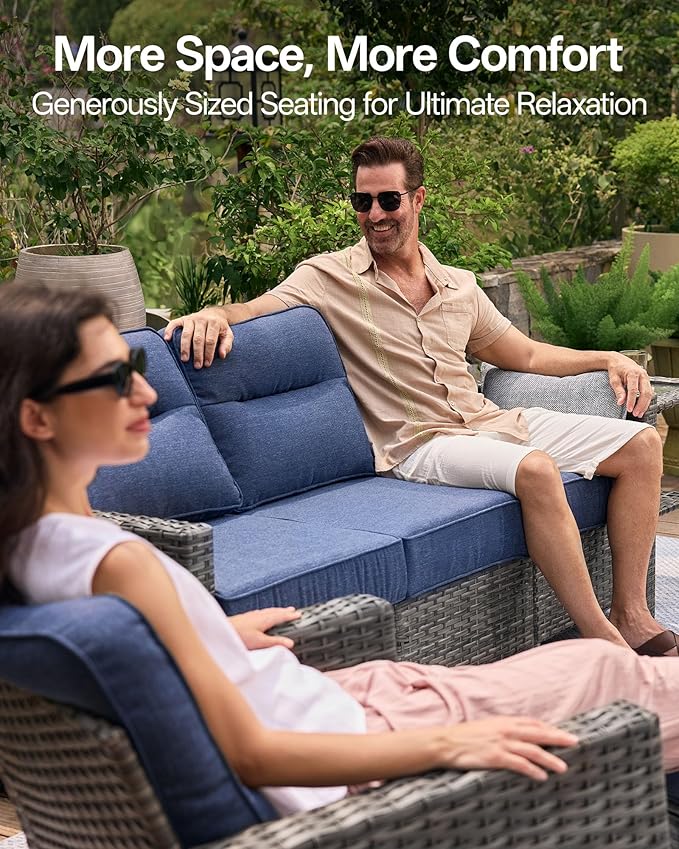 Luxury 3-Piece Patio Furniture Set with 6-Inch Thick Cushions, Outdoor Swivel Rocker Chairs and Table, Wicker Conversation Set for Porch, Deck, Balcony, Yard in Blue