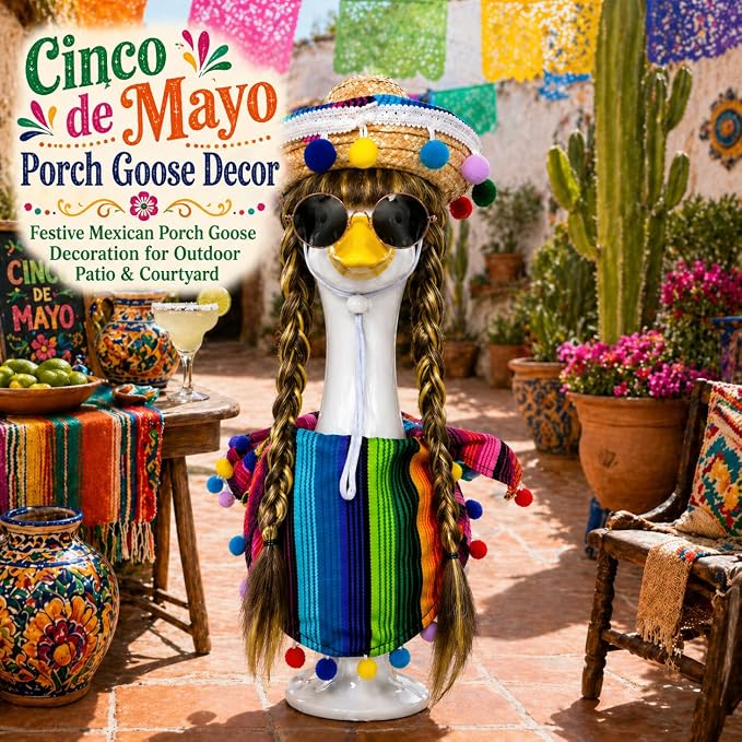 Porch Goose Mexican Outfits Wigs Brown 4 Pieces Porch Goose Mexican Fiesta Outfits with Brown Wigs Outdoor Decor for Lawn Goose Statues