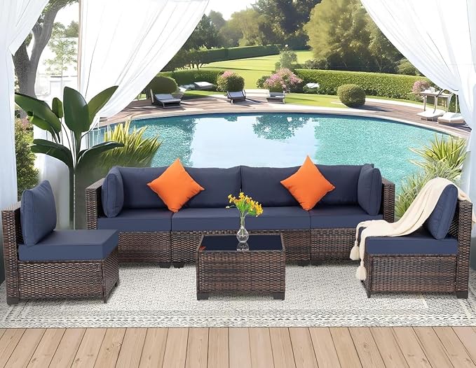 7 Piece Outdoor Patio Furniture Set with Wicker Sectional Couch, Rattan Sofa and Thick Cushions, Patio Conversation Sets with Coffee Table for Garden, Balcony, Backyard Lounge Seating(Blue)