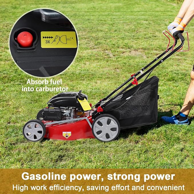 Self Propelled Gas Lawn Mower, 141CC 4-Stroke Gas Mowers, 3-in-1 Strong Power Cordless Gas Engine Lawn Mower with 20" Blade, 2850RPM Walk-Behind Lawnmower Gas with 50L Grass Tank Red
