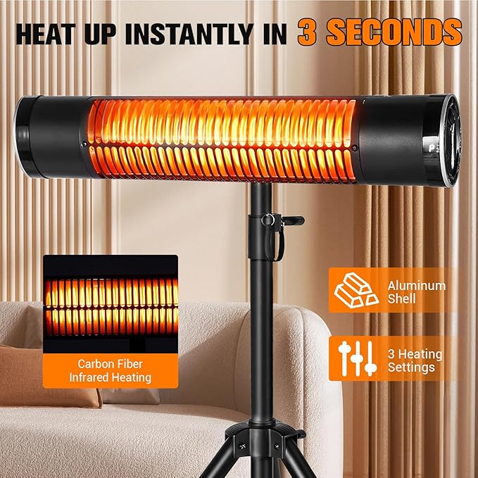 Electric Outdoor Heater, 1500W Carbon Infrared Heaters with Remote, Tripod Mounted Radiant Patio Heater with 3 Heat Settings, 8H Timer for Outdoor, Garage, Yard