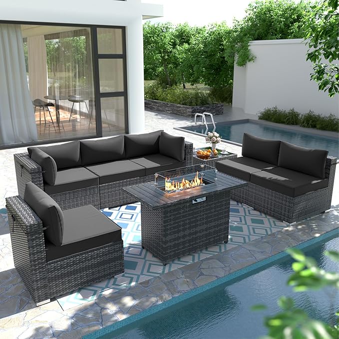 Patio Furniture Set with 43" Fire Pit Table, 8pcs Outdoor Sectional Sofa Set Heavy Duty Wicker Furniture Set with 2 Waterproof Covers