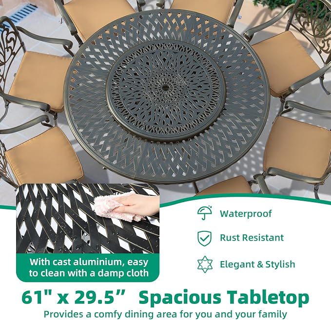 VIVIJASON Outdoor 61" Patio Dining Table for 6-8 Person, Large Patio Round Dining Table with 35.4" Lazy Susan, Dark Bronze Cast Aluminum Rustic Patio Table W/Umbrella Hole for Balcony, Porch and Deck