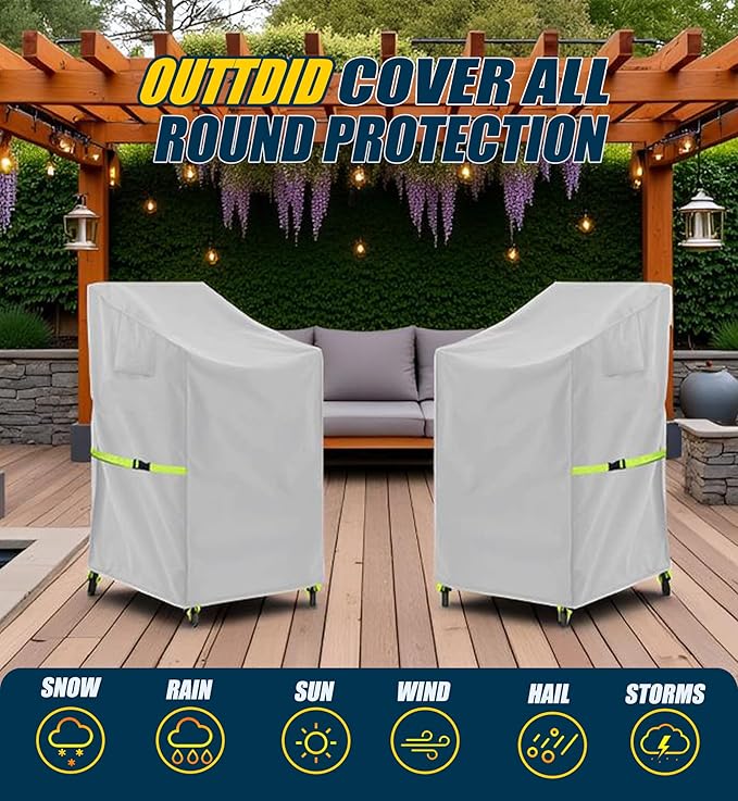 Stackable Patio Chair Cover - 600D High Back Outdoor Chair Cover Waterproof & Heavy Duty, 2 Pack Lawn Furniture Stacking Seat Cover for 4-6 Outdoor Stackable Dining Chairs - 28 x 36 x 47 Inch