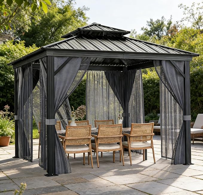12x12 Gazebo Hardtop, Aluminum Frame Gazebos with Galvanized Steel Double Roof, Mosquito Net & Privacy Curtain,for Patio, Porch, Garden, Lawn, Deck, Backyard