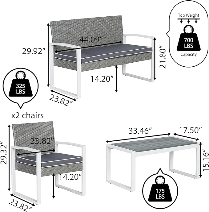 JONATHAN Y LVG1102A-4SET Elina 4-Piece Modern Coastal Faux Wicker Conversation Outdoor Patio Set Mid-Century, Classic, Contemporary, Traditional, Minimalist, White/Gray