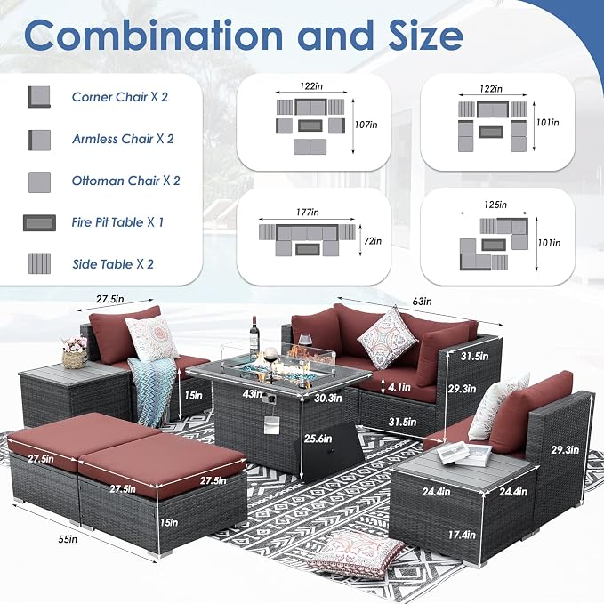 RADIATA 9 Piece Wicker Patio Furniture Set with Fire Pit, All-Weather Outdoor Sectional Couch High Back Large Size, Modular Backyard Seating Sofa Set with Propane/Natural Gas Firepit Table, Grey&Red