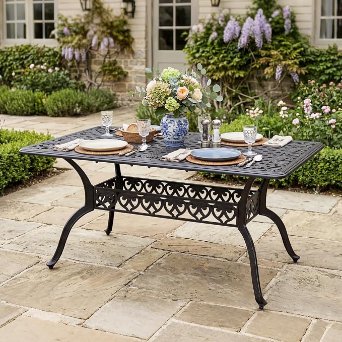NUU GARDEN 60" Outdoor Dining Table with 2.09" Umbrella Hole, All Weather Cast Aluminum Outdoor Patio Table, 6-8 Person Rectangle Dining Table, Backyard Bistro Table for Garden, Poolside, Black
