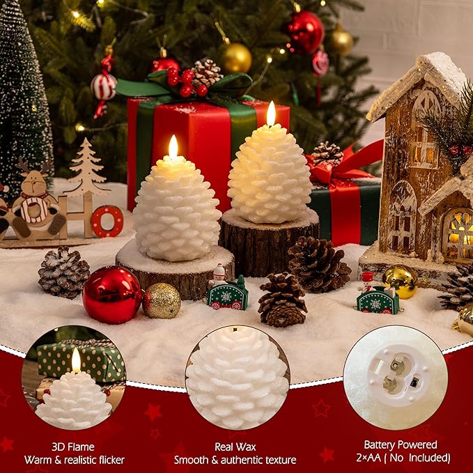 Christmas Flameless Pinecone Candles with Remote, Real Wax Battery Operated Pine Cone Candles, 2 Pack Flickering Led Candle Christmas Decorations for Winter Home Holiday Xmas Gift, White